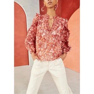 Ulla Johnson Long-Sleeve Floral Ruffle Rana Cotton-Blend Blouse